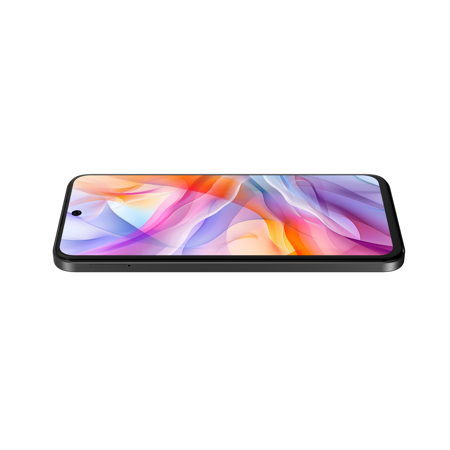 Black smartphone, colorful abstract wallpaper on the screen. Black background.