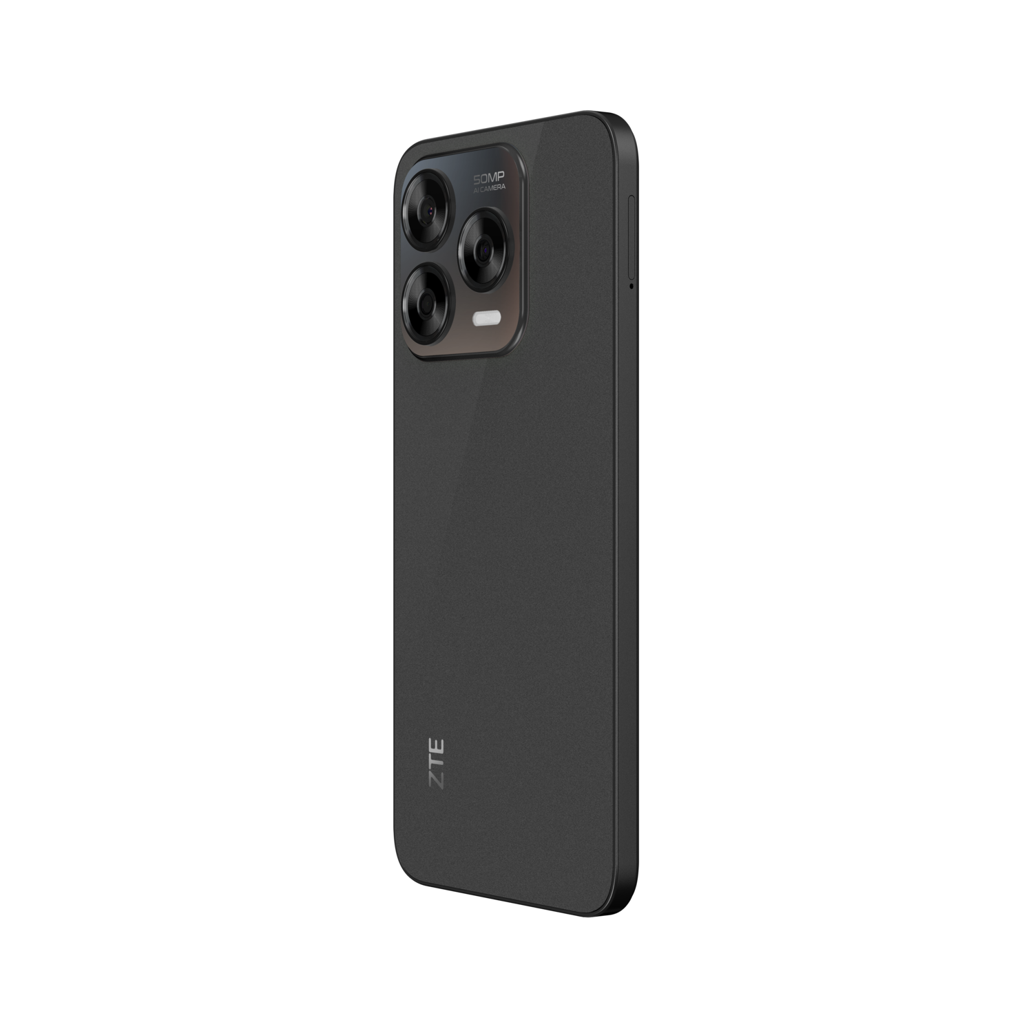 Black ZTE phone with three rear cameras. The phone is angled against a black background.