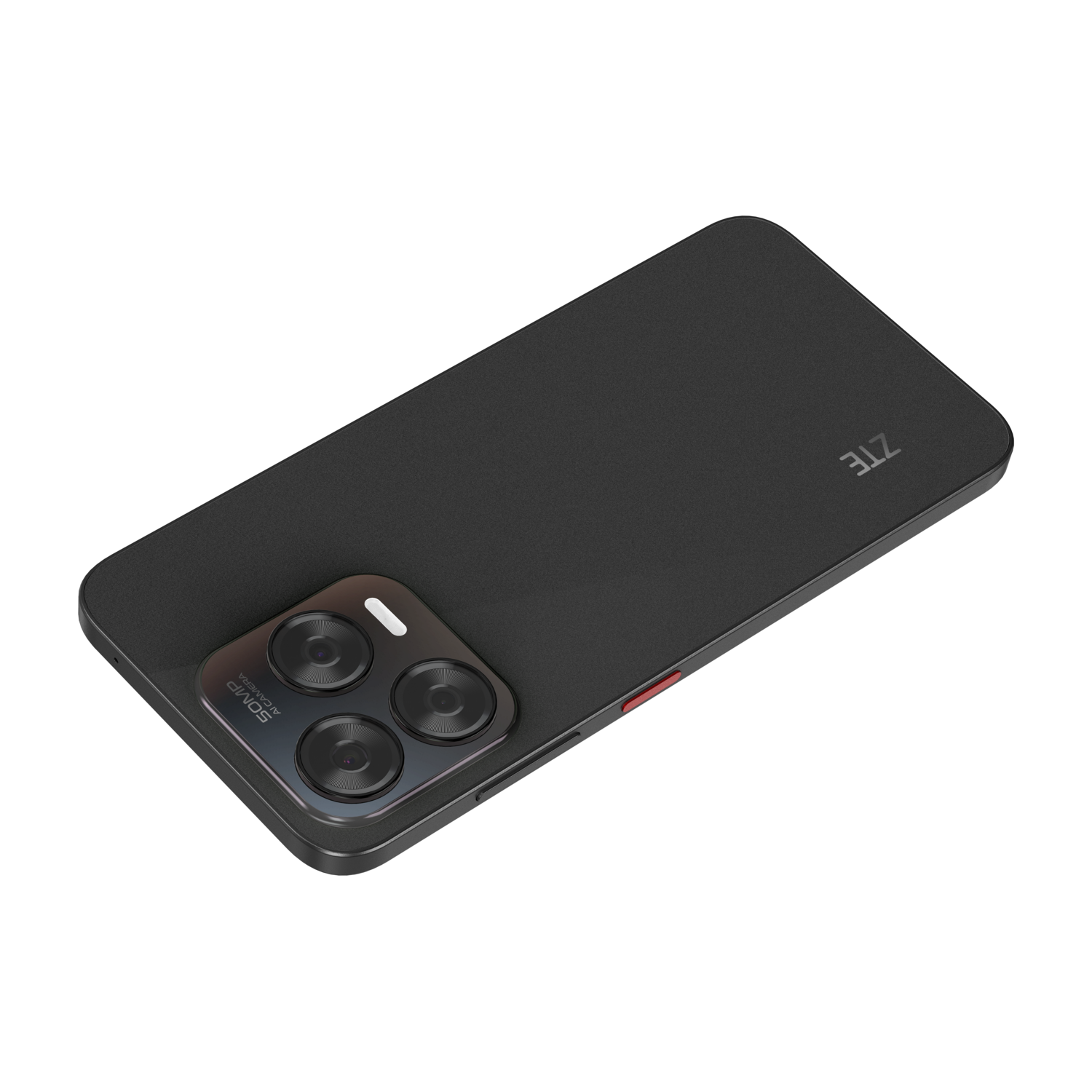 Black smartphone, top view. Triple camera module, ZTE logo. Dark grey body, red button on the right.