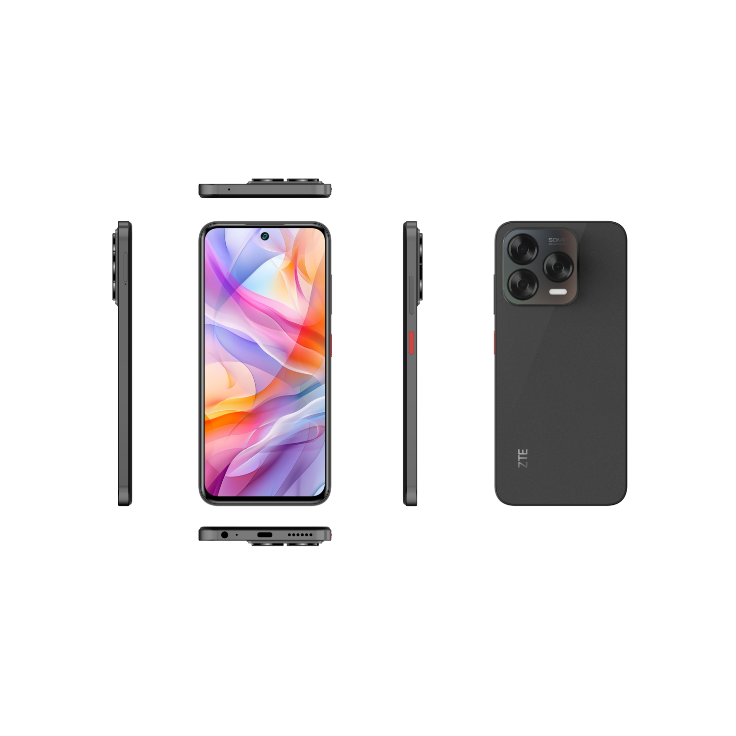 Black smartphone, colorful abstract wallpaper on the screen. Black background.