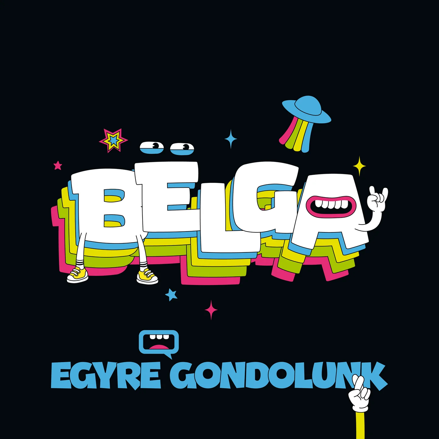 Belga album borítója színes betűkkel és egy rajzfilmszerű, idegen arccal.