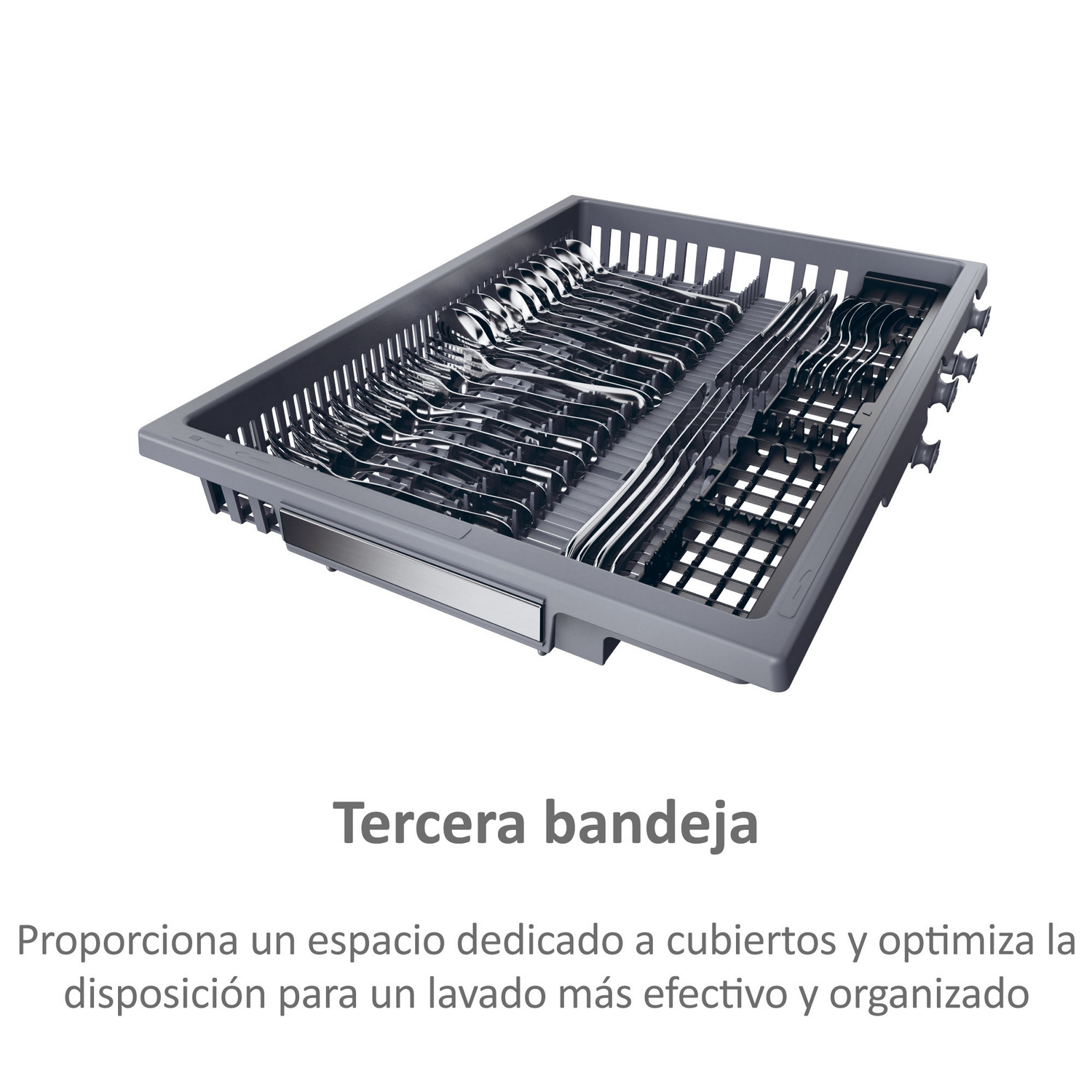 Bandeja de cubiertos de un lavavajillas, llena de cubiertos. El texto de abajo dice "Tercera bandeja".