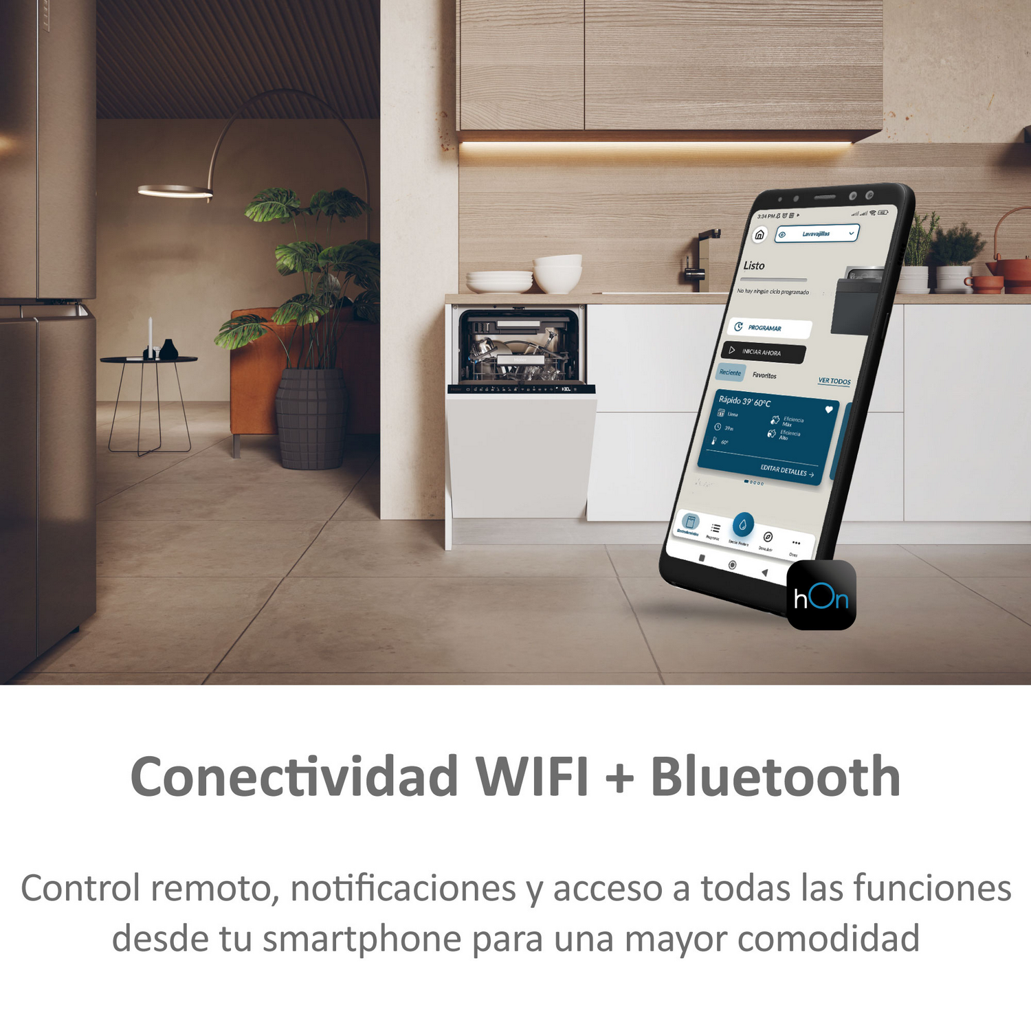 Una escena de cocina moderna con un lavavajillas inteligente y pantalla de teléfono.
