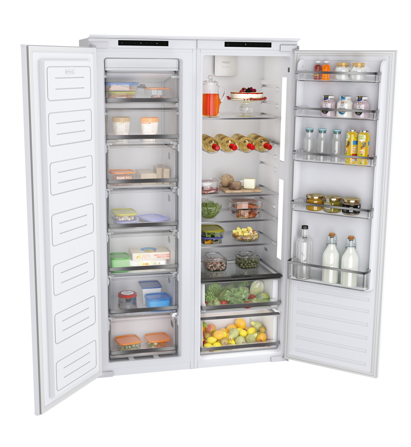 Refrigerador blanco lado a lado con puertas abiertas, lleno de comida.