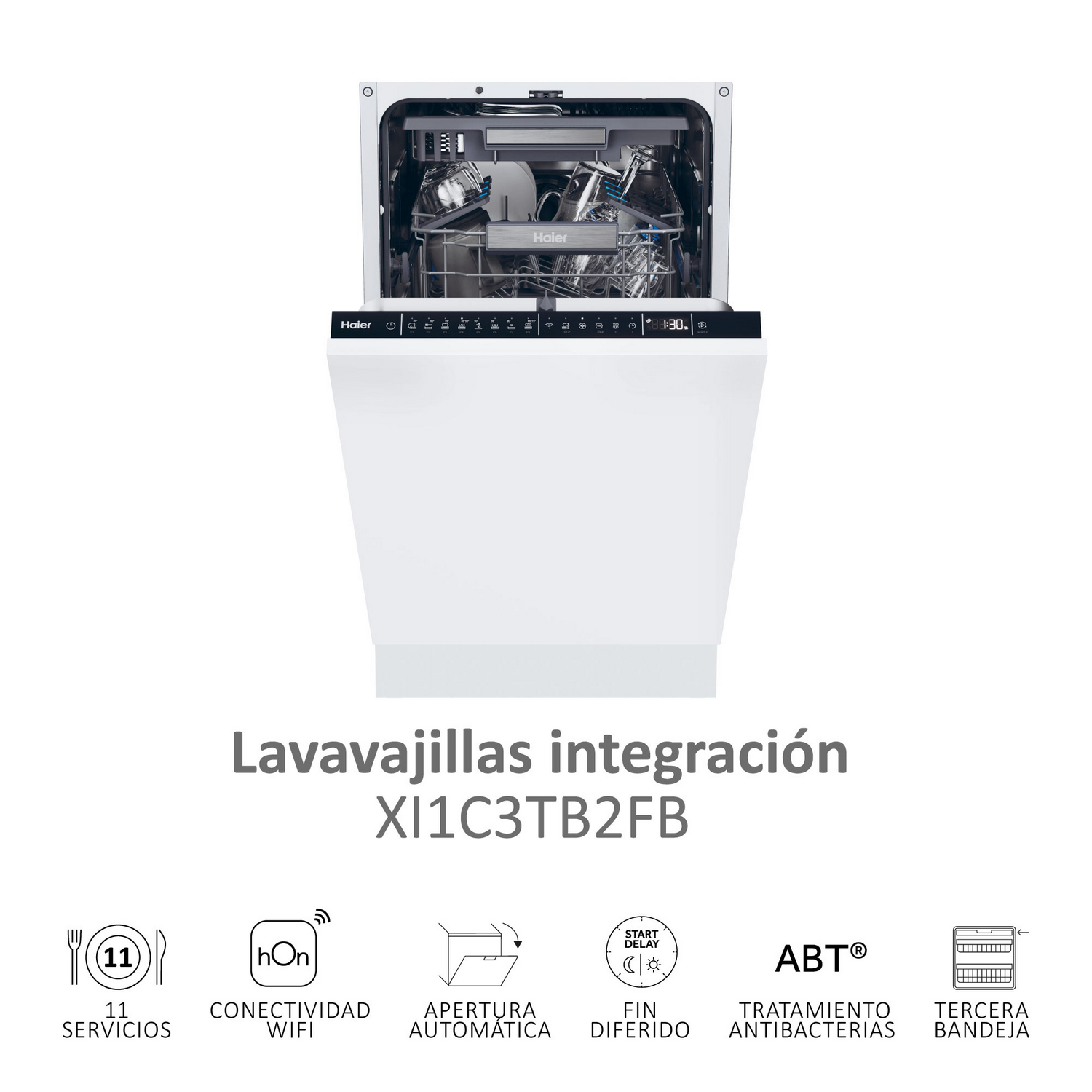 Lavavajillas Haier blanco con puerta abierta, panel de control e iconos debajo.