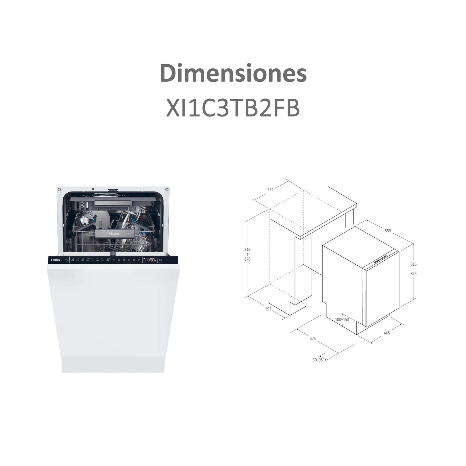 Lavavajillas blanco con puerta abierta, dimensiones en mm y diagrama. Texto: Dimensiones XI1C3TB2FB.