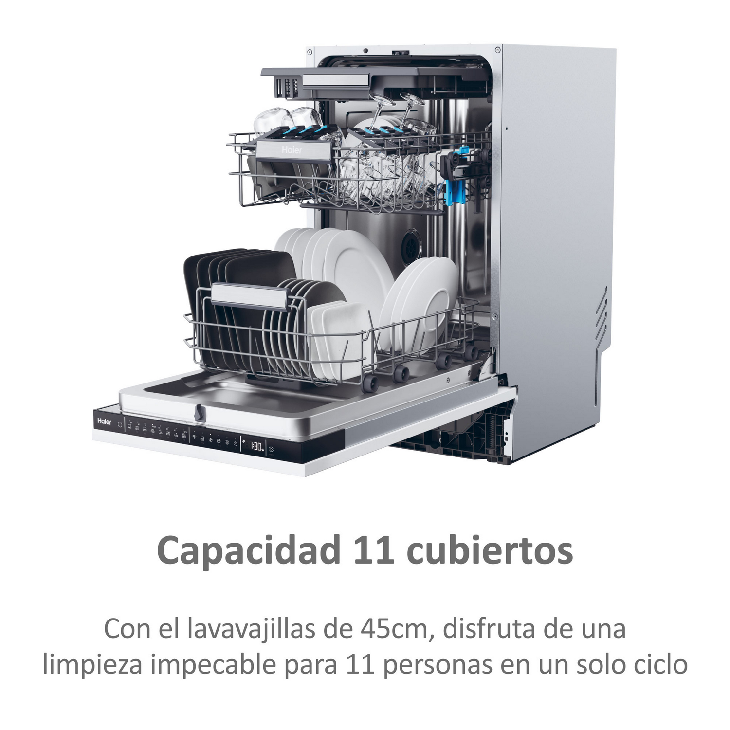 Lavavajillas con la puerta abierta, mostrando platos limpios y texto debajo.