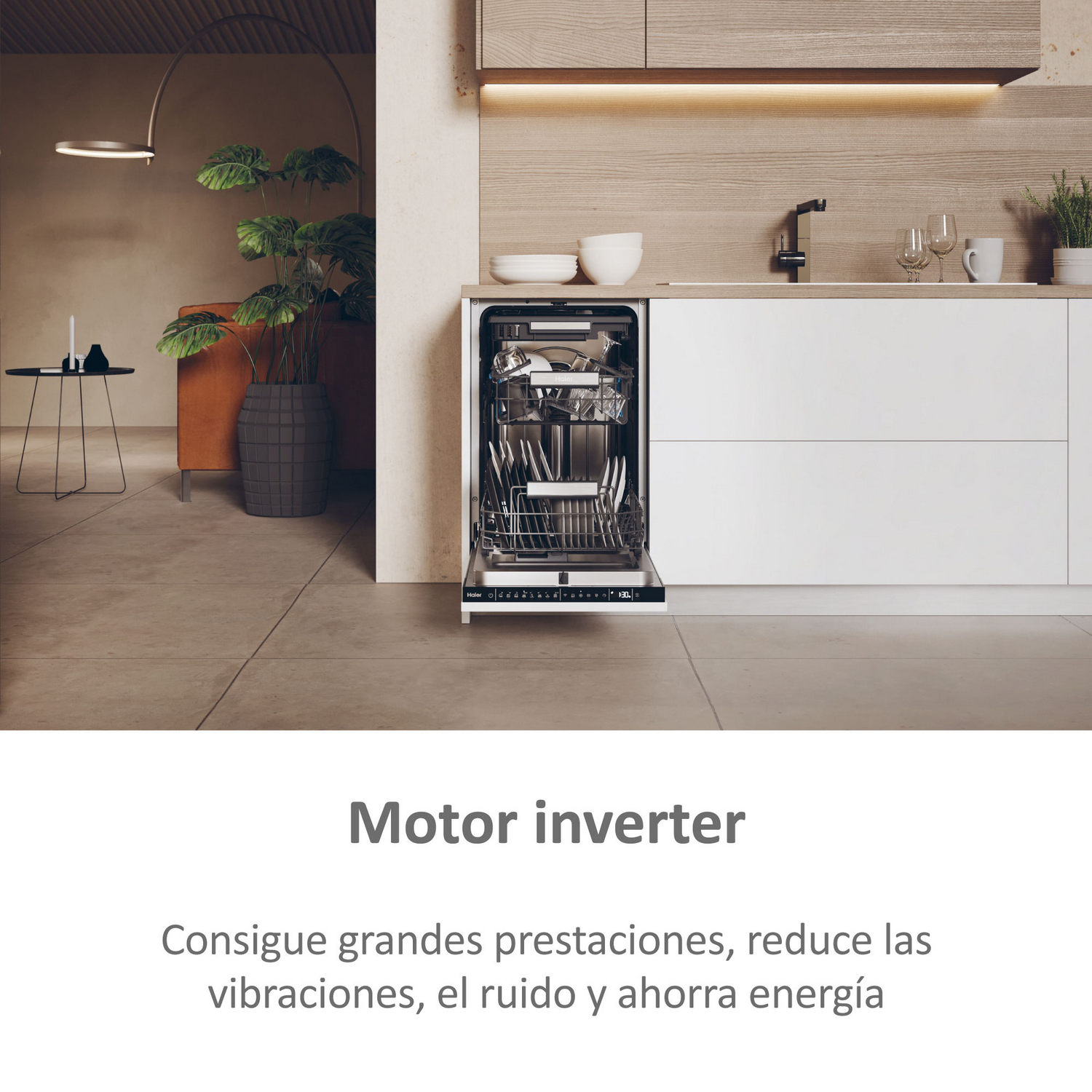 Lavavajillas abierto con platos dentro, en una cocina moderna, con texto debajo.