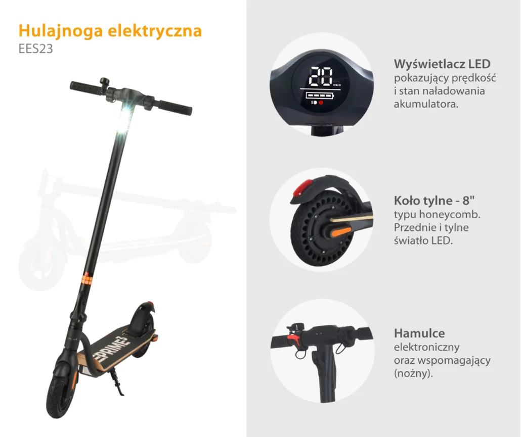 Hulajnoga elektryczna ze szczegółami wyświetlacza, tylnego koła i kierownicy.