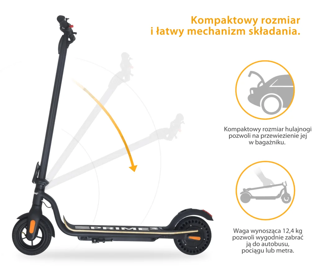 Hulajnoga elektryczna. Diagram przedstawia składanie i wagę. Tekst: Kompaktowy rozmiar i łatwy mechanizm składania (Kompaktowy rozmiar).