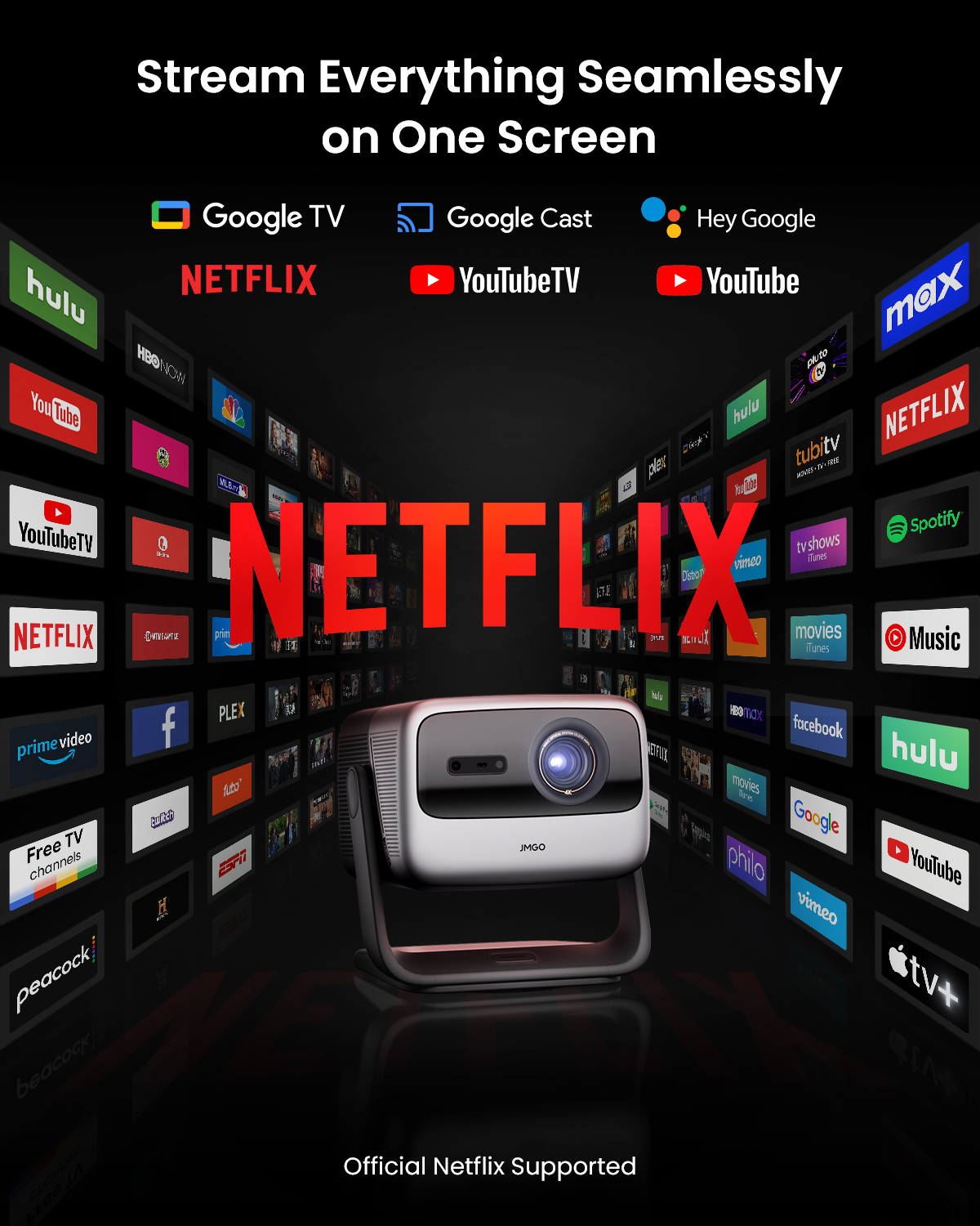 Un proiettore con uno schermo che mostra diverse app di streaming.