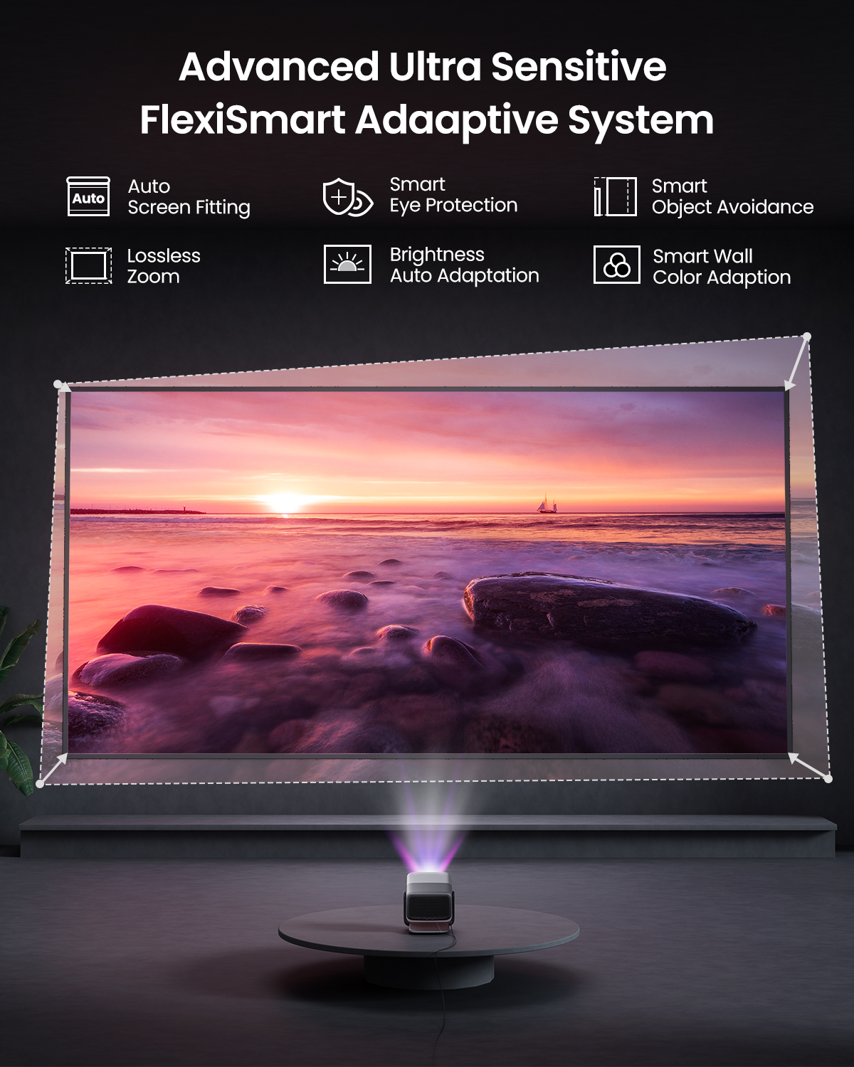 Proiettore che proietta un'immagine su uno schermo con testo: Advanced Ultra Sensitive FlexiSmart Adaptative System.