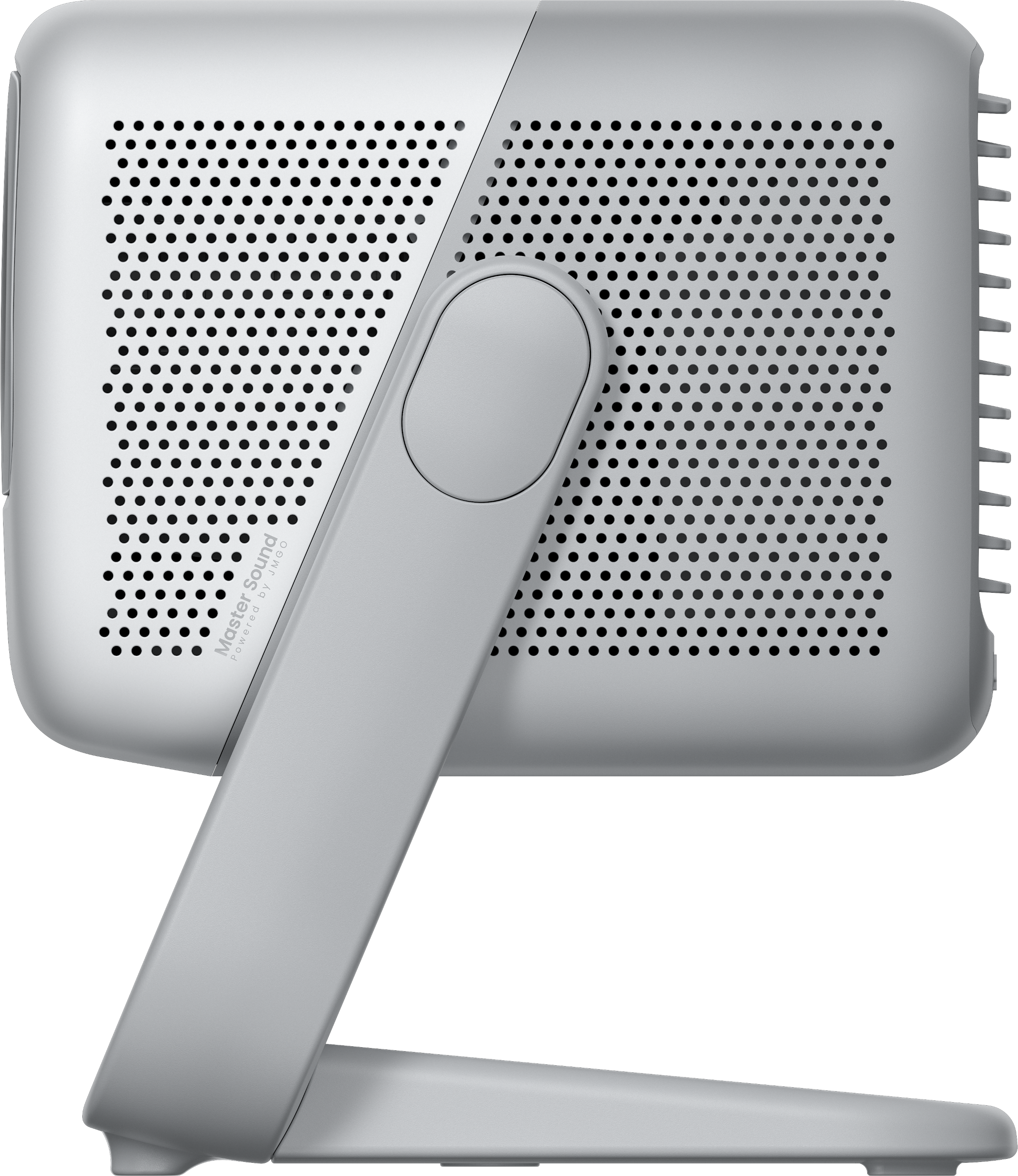 Un haut-parleur vu de dos, avec un support et une grille perforée. Le haut-parleur est argenté.