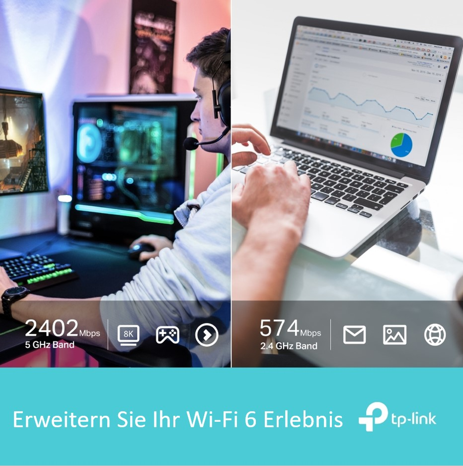 Bild geteilt: Gamer mit Headset, Laptop-Benutzer und Netzwerkgeschwindigkeitsdetails. Text bewirbt Wi-Fi 6 Erlebnis von tp-link.