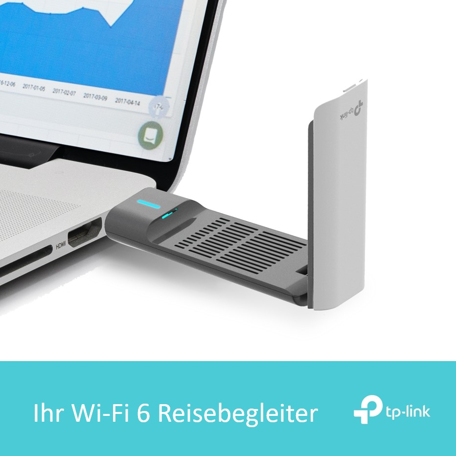Ein Laptop, verbunden mit einem grauen TP-Link-Gerät. Der Laptop zeigt ein Diagramm. Das Gerät hat eine Antenne und ist am HDMI-Anschluss angeschlossen.