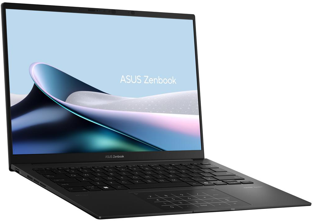 Fekete laptop nyitott képernyővel, világoskék és fehér háttérrel.
