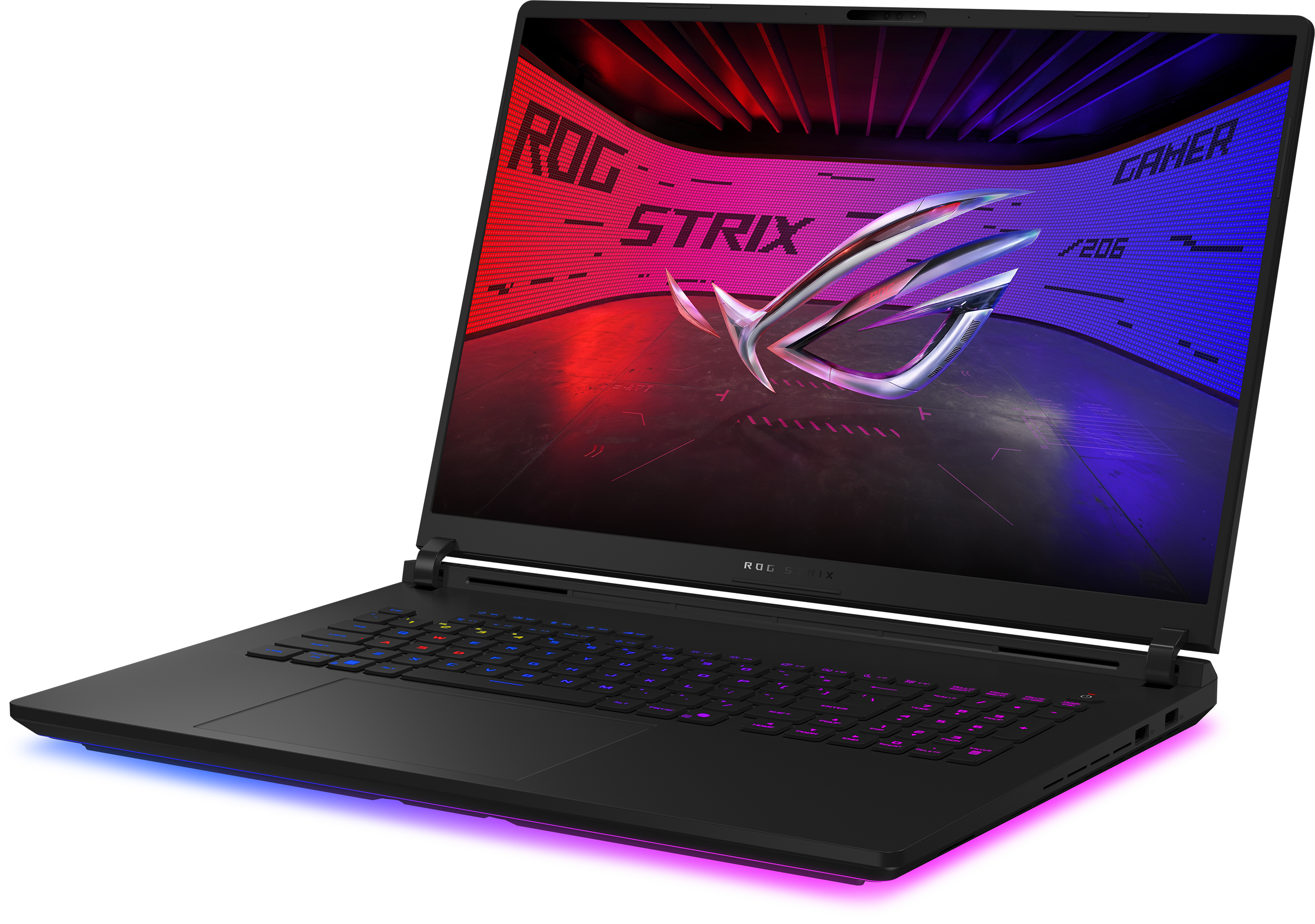 Fekete gamer laptop színes billentyűzettel és ROG Strix logóval a képernyőn.