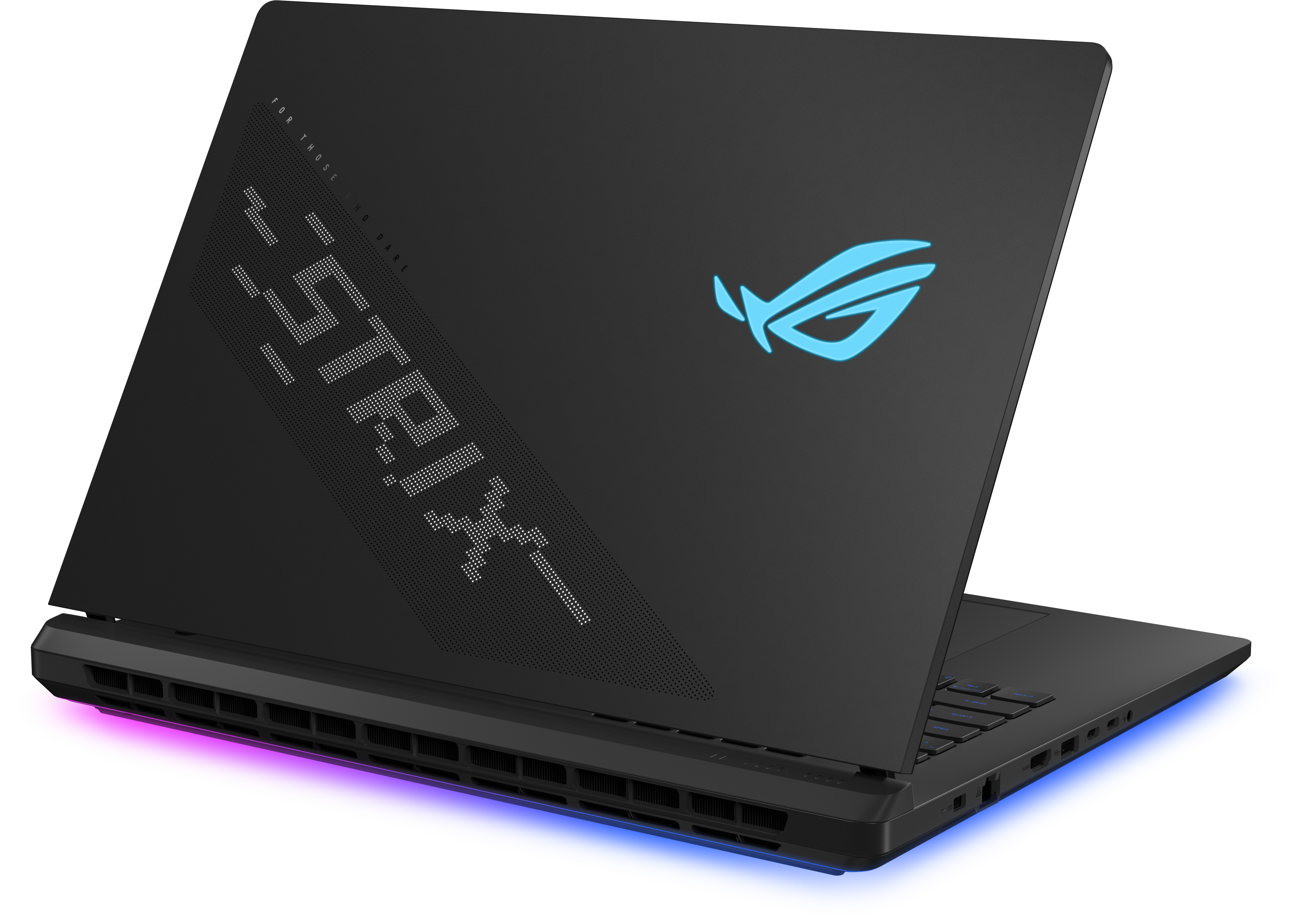 Fekete laptop ROG logóval, a hátulja látható, kék és lila fénnyel.
