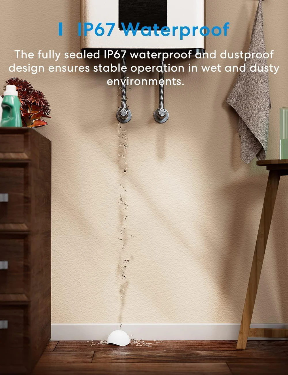 A víz egy fehér eszközből folyik, a „IP67 Waterproof” szöveggel és egy törölközős fallal.