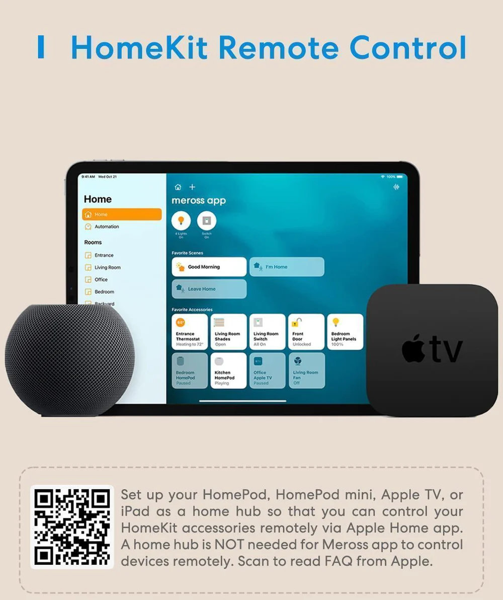 iPad okosotthon alkalmazást mutat. Mellette Apple TV és HomePod mini.