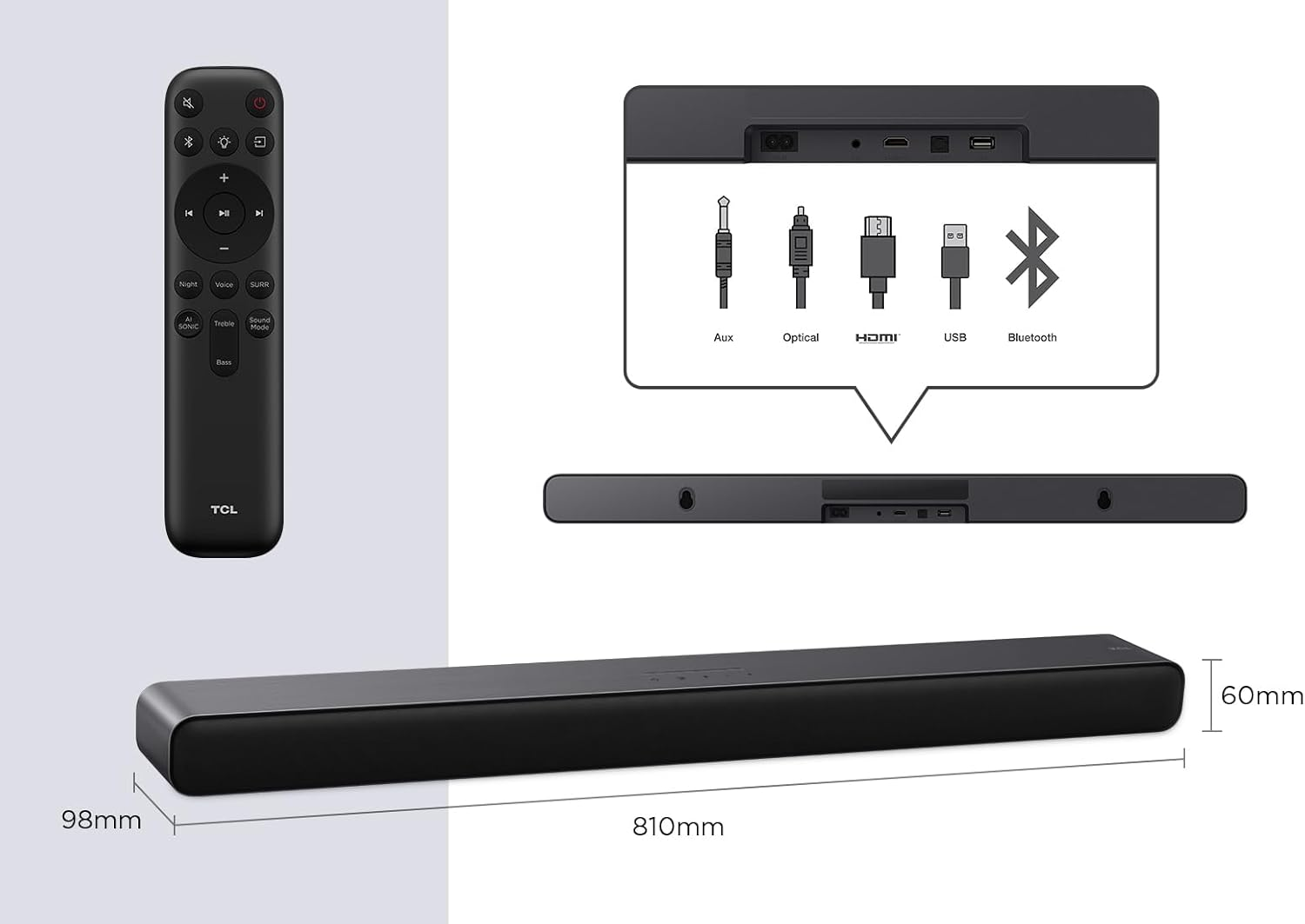 Barra de sonido negra, mando a distancia y diagrama de conexiones. Muestra dimensiones y tipos.