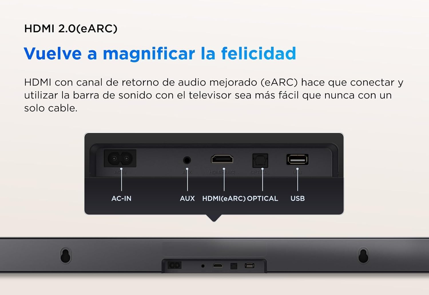 Parte trasera de una barra de sonido con puertos. Negro con texto blanco.