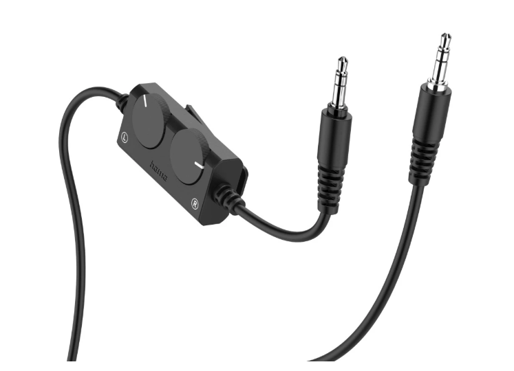 Schwarze Audiosteuerung mit zwei Drehreglern und zwei schwarzen Audioanschlüssen. Hama-Logo.