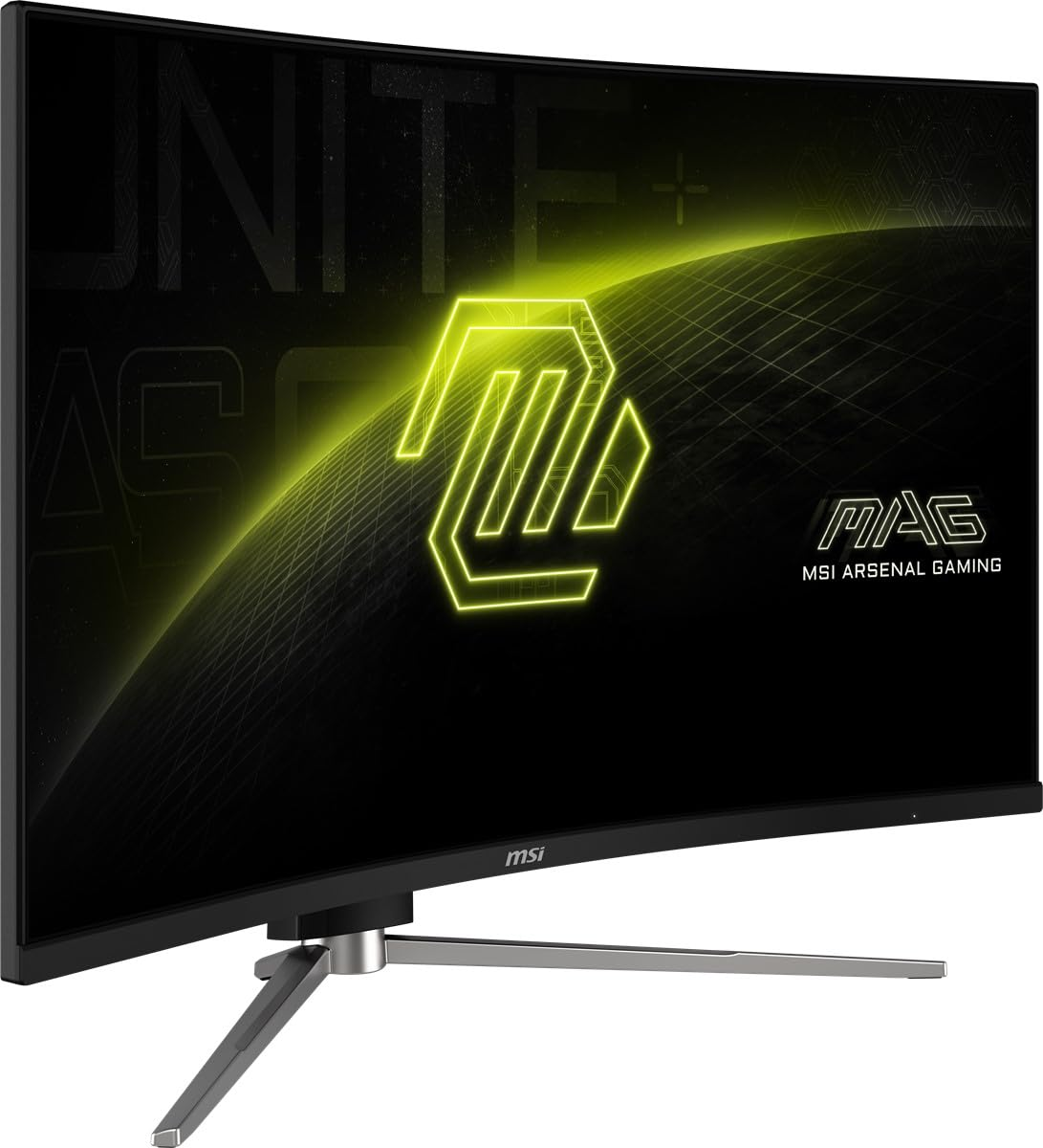 Monitor curvo con logo MSI y diseño verde, en soporte plateado.