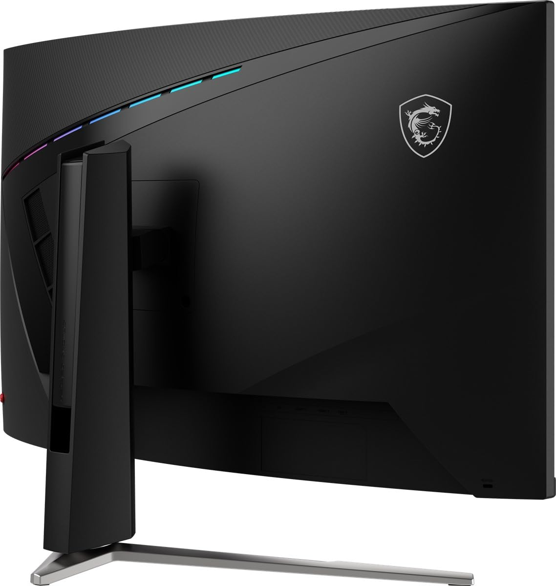 Vista trasera de un monitor curvo negro con el logo de MSI y luces coloridas.