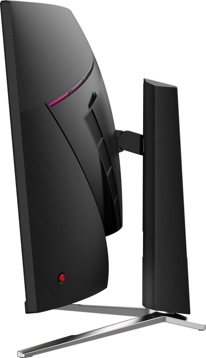 Monitor de ordenador negro curvado, vista lateral. Tiene un botón de encendido rojo y un soporte plateado. La parte trasera tiene un diseño texturizado.