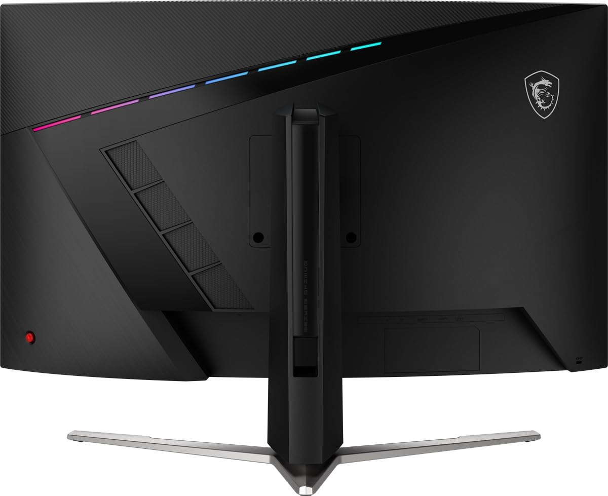 Parte trasera de un monitor curvo negro con el logo MSI.