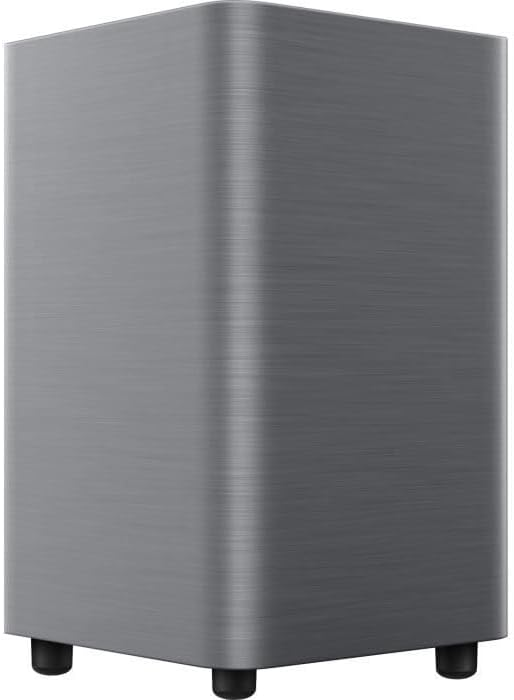 Subwoofer gris, cilíndrico, con patas negras.