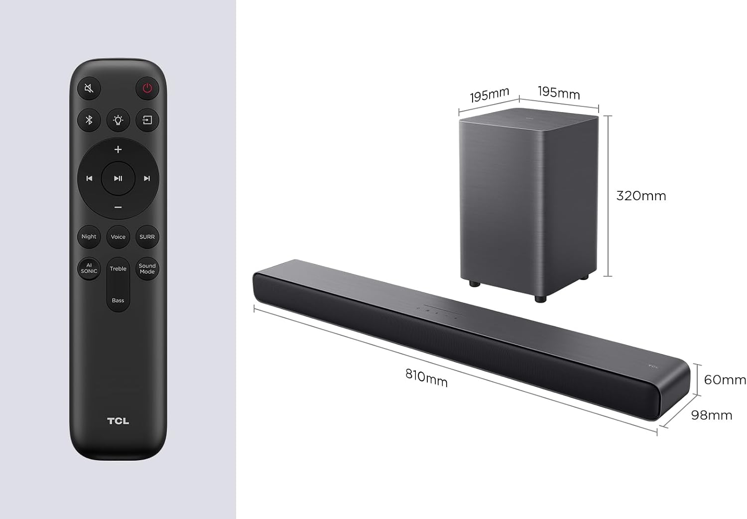 Barra de sonido, subwoofer y control remoto sobre fondo blanco.