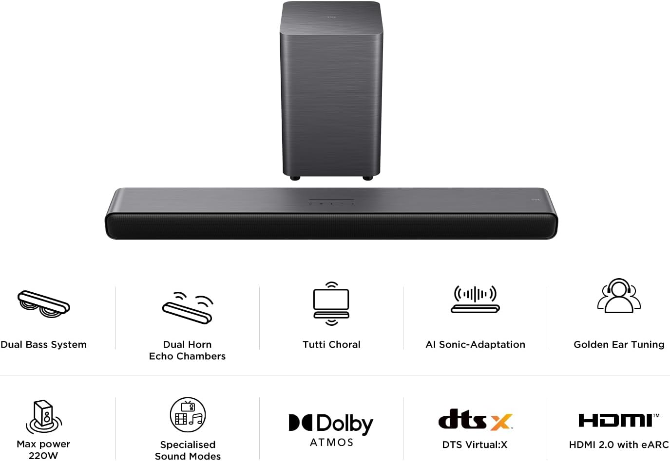 Barra de sonido, subwoofer e iconos sobre fondo blanco.