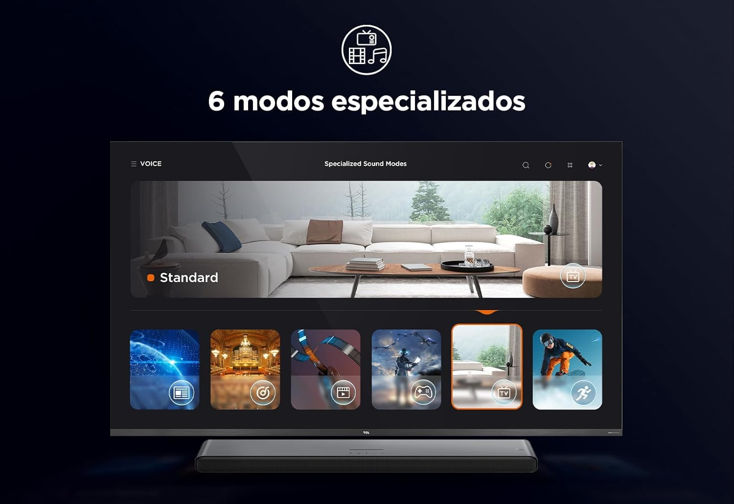 Una pantalla de TV muestra 6 modos de sonido especializados. La TV está sobre una barra de sonido.