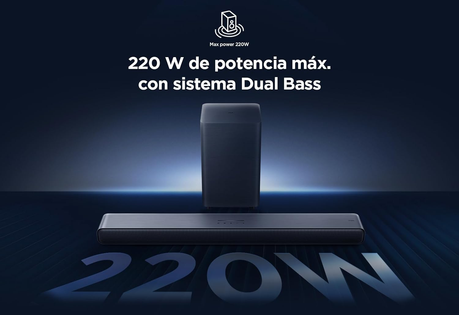 Se presenta una barra de sonido y un subwoofer. El texto dice '220W potencia máx. con Dual Bass'.
