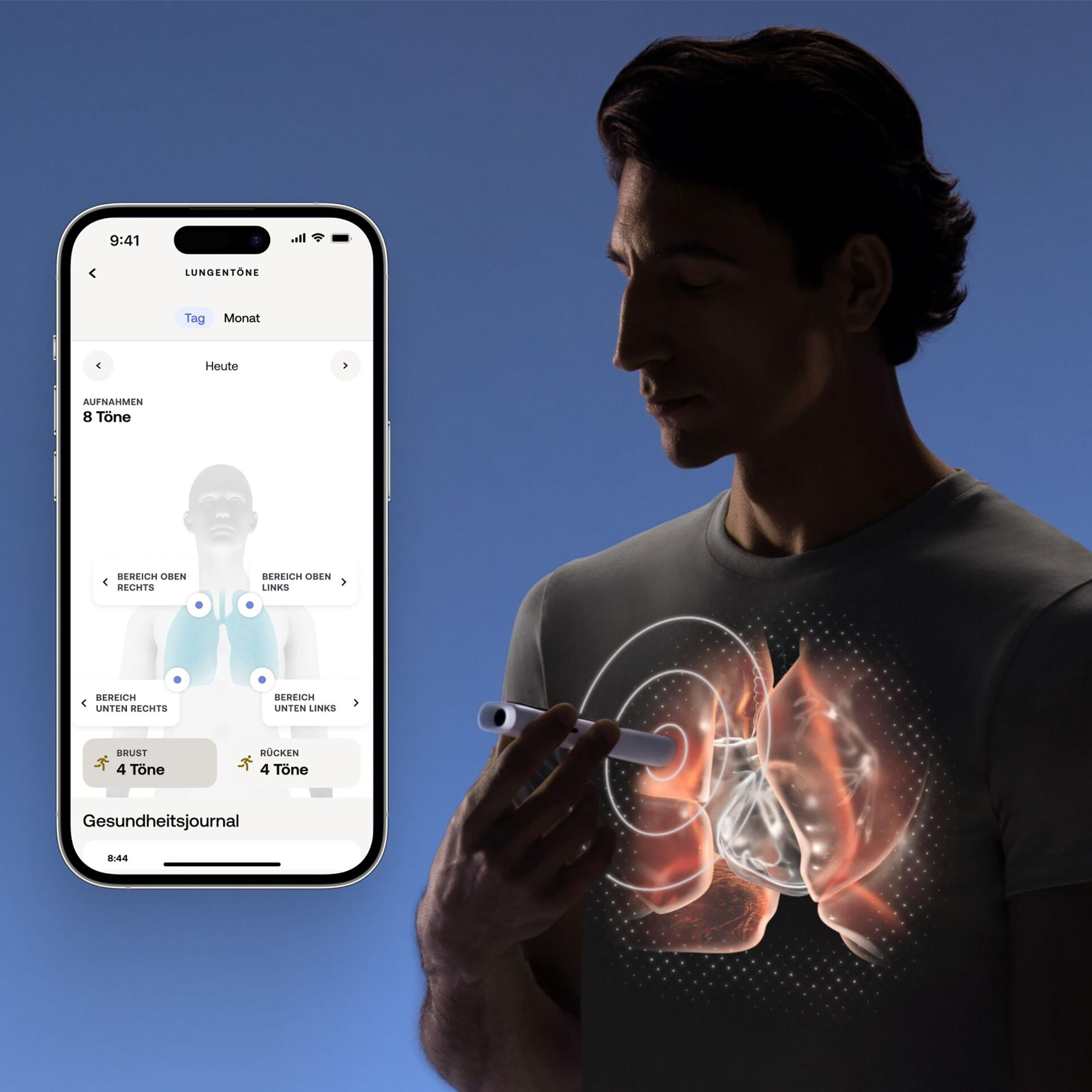 Ein Mann benutzt ein medizinisches Gerät, das mit einer Smartphone-App verbunden ist und Lungen-Gesundheitsdaten zeigt.