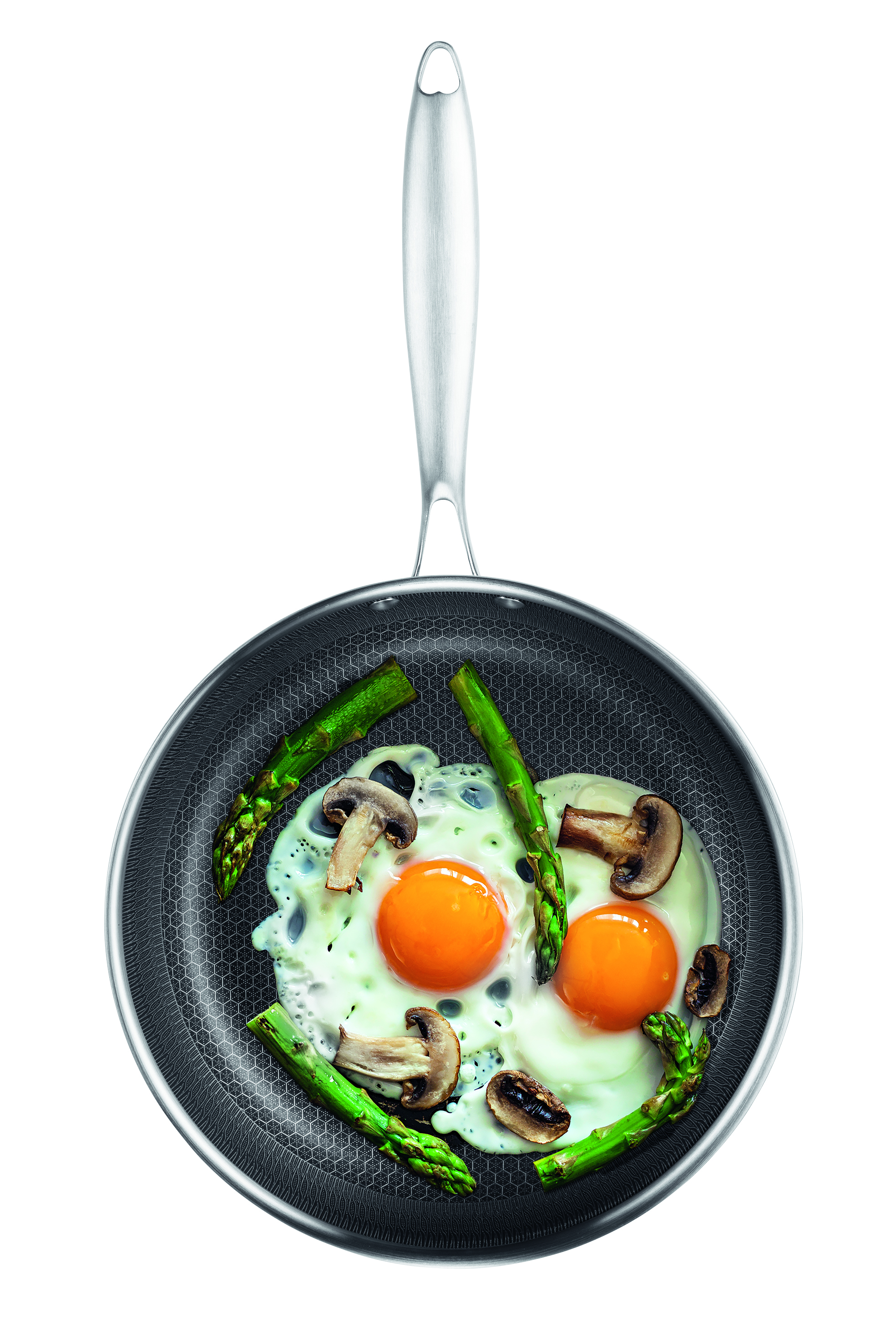 Bratpfanne mit Eiern und Spargel. Schwarze Pfanne mit silbernem Griff.
