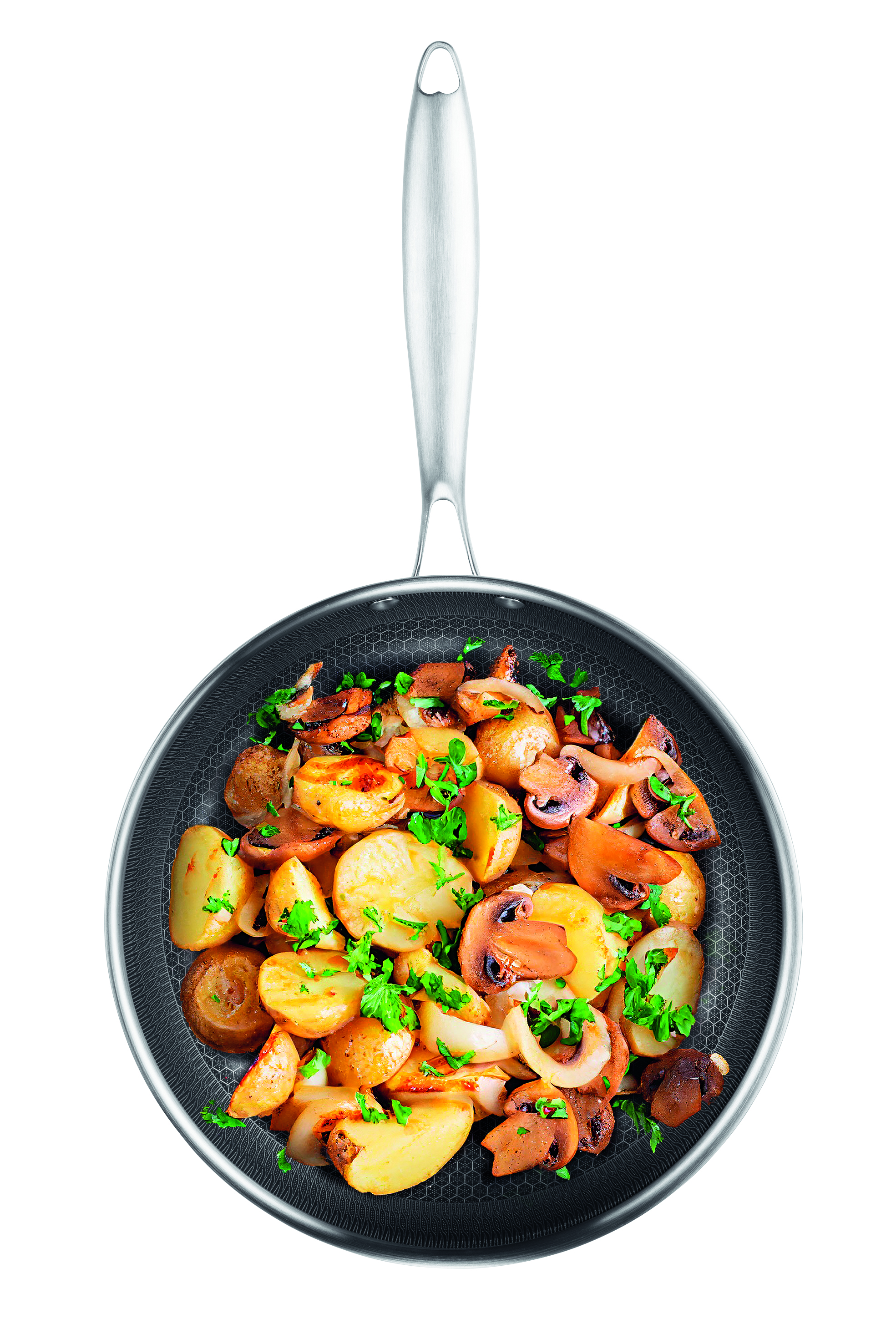 Pfanne mit Kartoffeln, Pilzen und Petersilie.