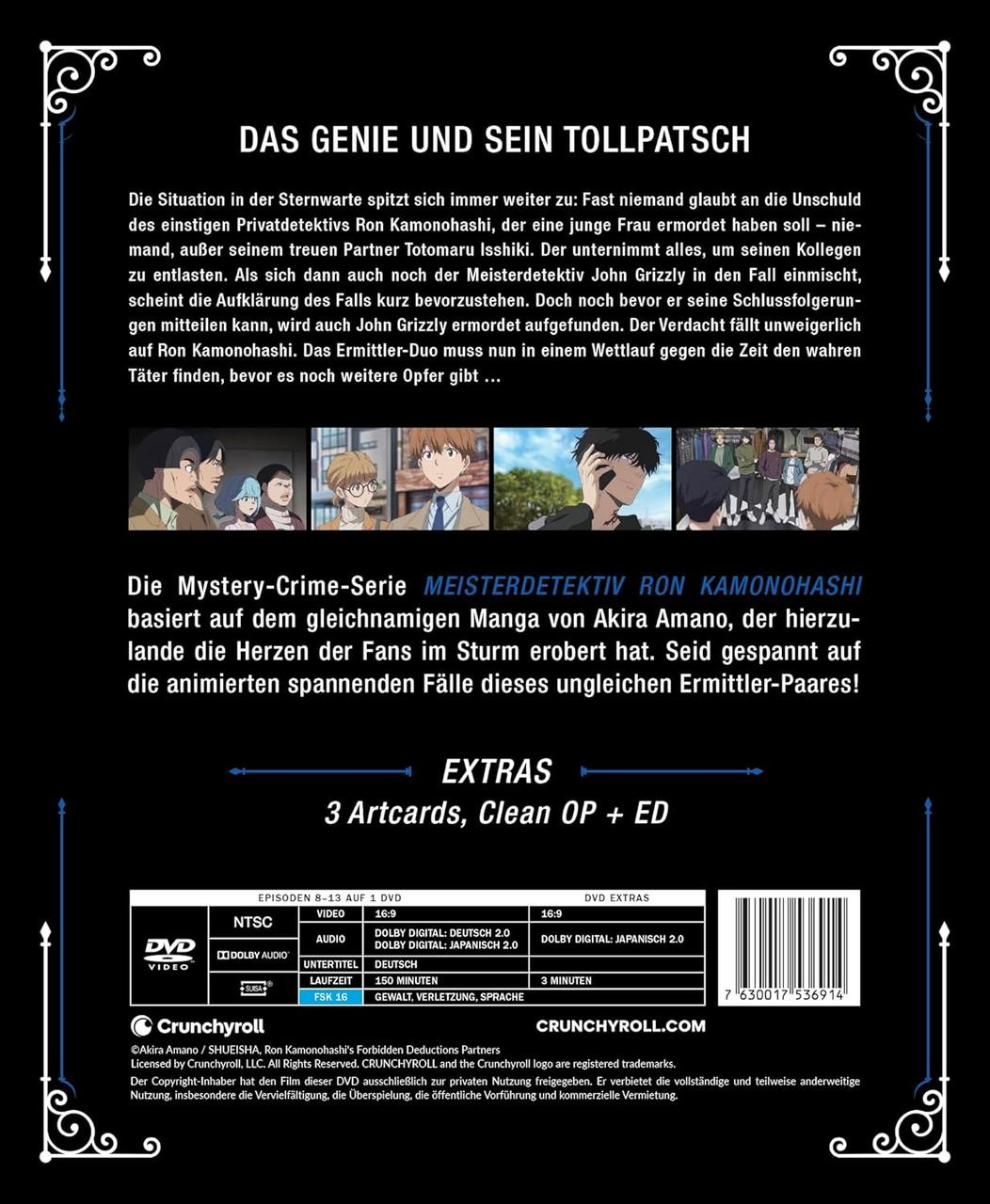 Rückseite der 'Meisterdetektiv Ron Kamonohashi' DVD mit Text und Bildern.