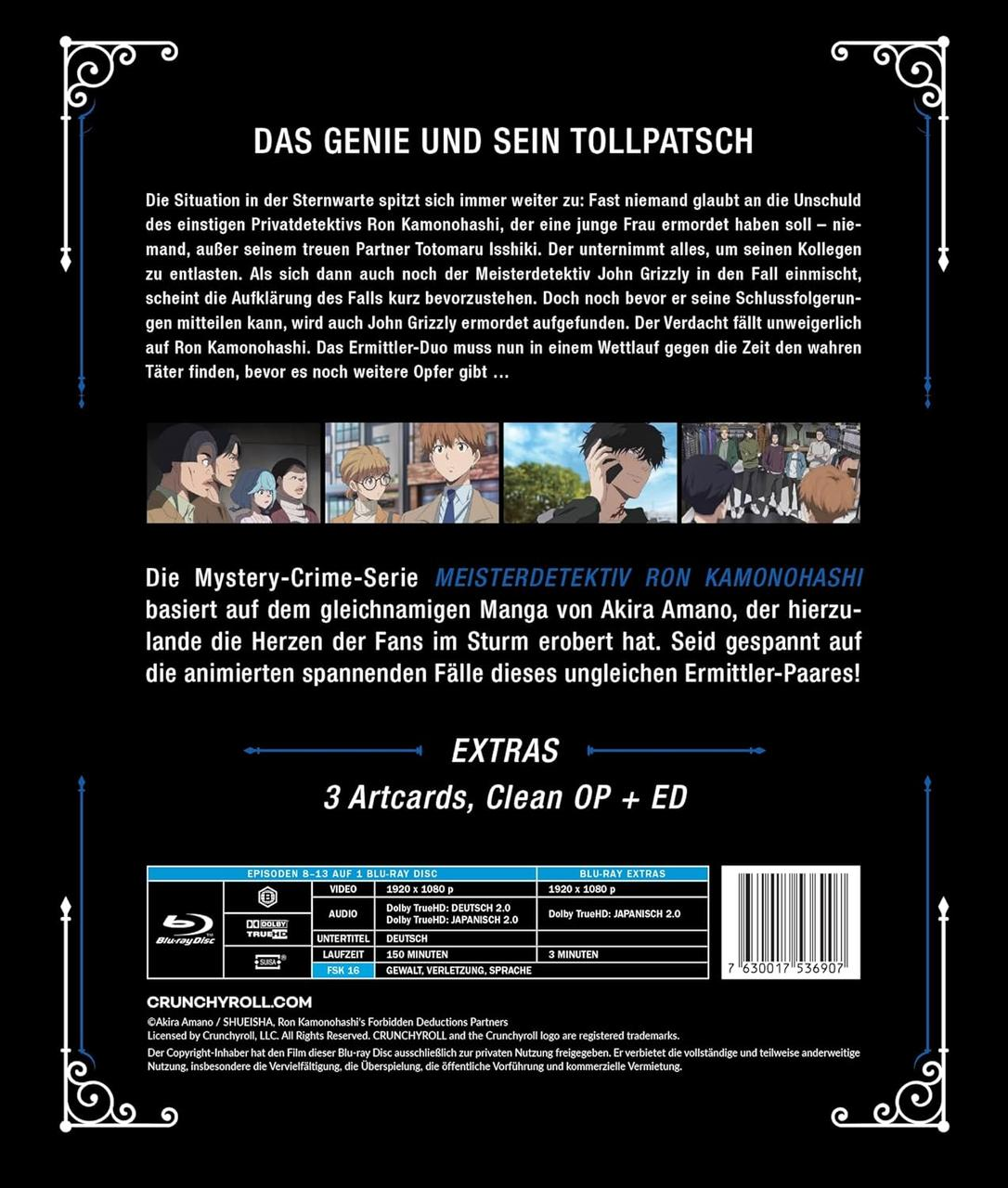 Rückseite der Blu-ray Meisterdetektiv Ron Kaminonhashi mit Text und Bildern.