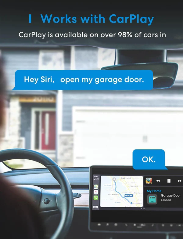 CarPlay jelenet. Egy autó belseje, CarPlay képernyővel, ami egy garázst mutat.