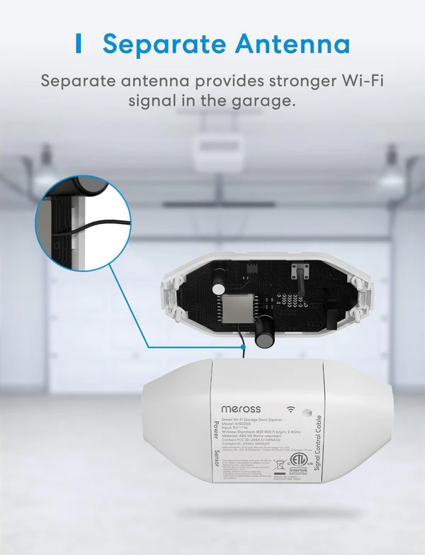 Okos Wi-Fi garázskapu nyitó antennával, diagrammal, fehér háttérrel.