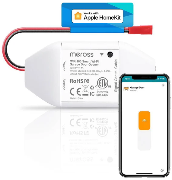 Okos Wi-Fi garázskapu-nyitó egy telefonnal, amely egy alkalmazást jelenít meg.