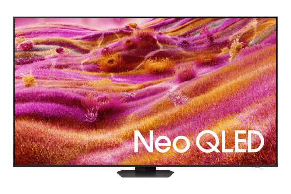 Beyaz Neo QLED kelimeleriyle renkli soyut bir görüntü gösteren siyah TV ekranı.