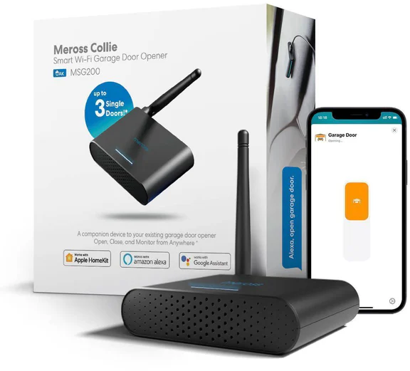 Okos Wi-Fi garázskapu-nyitó mobilalkalmazással és dobozzal.