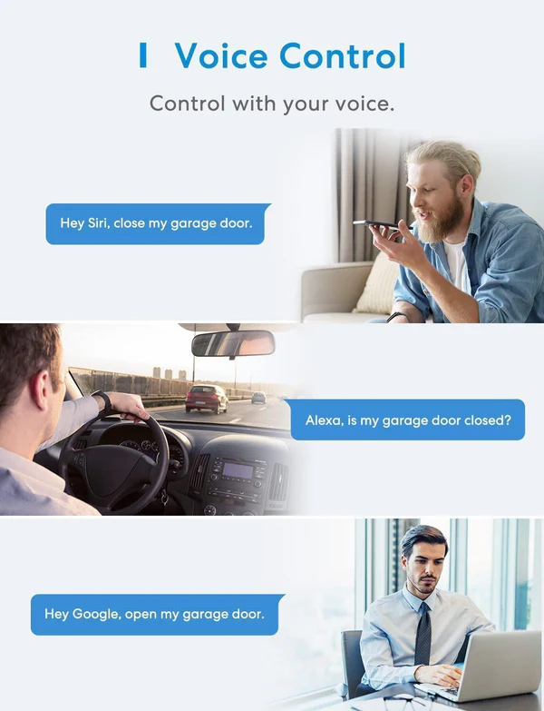 A képen garázskapu hangvezérlése látható. Egy telefonozó férfi és egy autós látható.