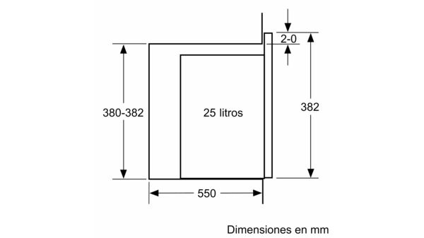 Dibujo técnico en blanco y negro de un objeto rectangular con dimensiones en mm y el texto 25 litros.