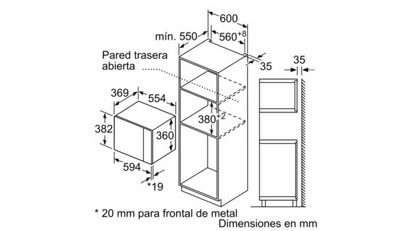 Dibujo técnico con dimensiones y etiquetas de una unidad de horno.