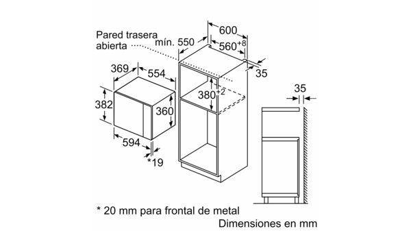 Diagrama de un horno microondas empotrado con dimensiones en milímetros, que muestra vistas superior y lateral.
